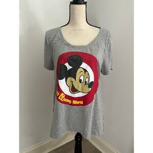 Disney Mickey Mouse Tee Large‎ Walt Disney Gray Red Striped Graphic Shirt Retro